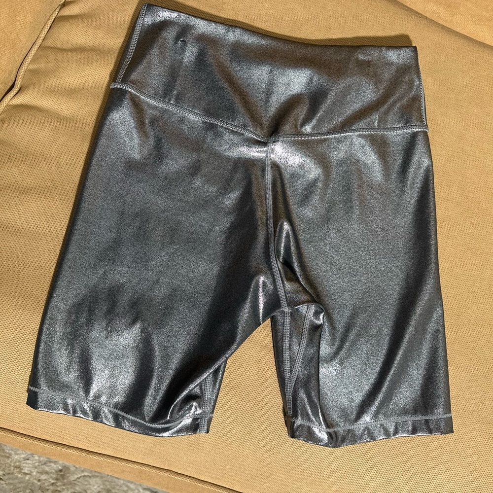 Nike Metallic Black Biker Shorts | Shiny Compression Workout | Size Small | EUC - Picture 2 of 5